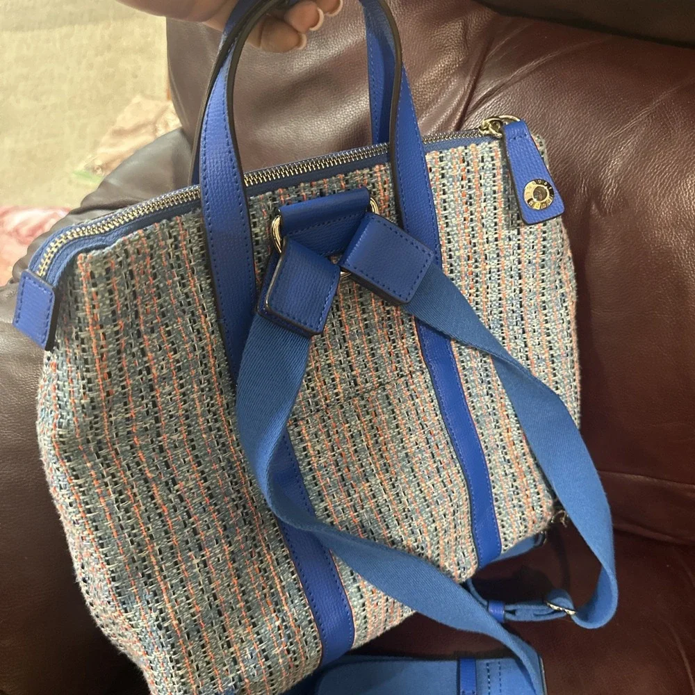 HENRI BENDEL Large Blue Leather Tweed Jetsetter Convertible Backpack Bag Preppy